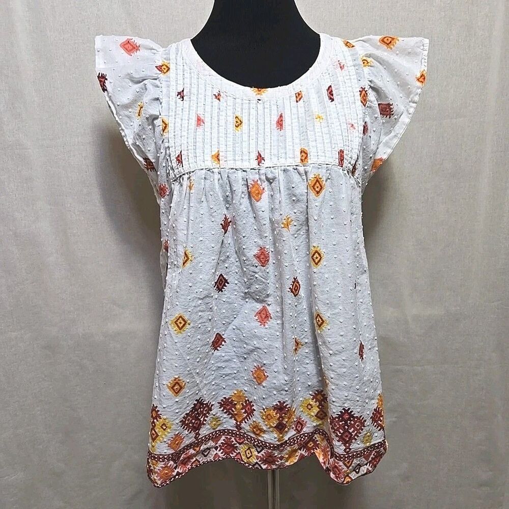 LOFT Blouse Womens Large Cotton Pintuck Boho Geometric Babydoll White Red Orange